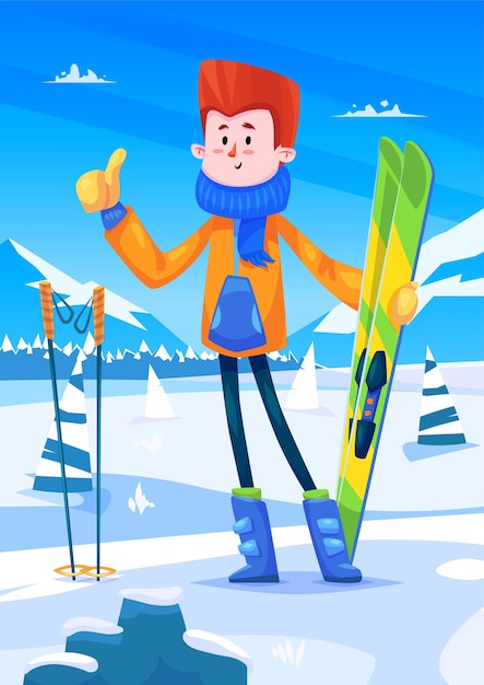 Ski resort holidays. Cute skier character  with skis in hands. Snow background with trees. Flat vector stock illustration.