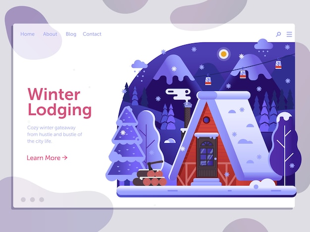 Ski resort landing page template with winter house and smoking chimney on forest. Winter lodging holidays in mountains web banner with snow ski lodge chalet or log cabin on wilderness by wintertime.