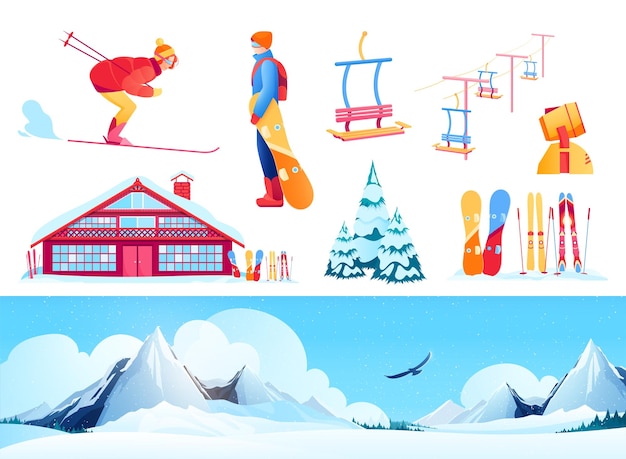 Ski resort set with winter sports symbols flat isolated vector illustration