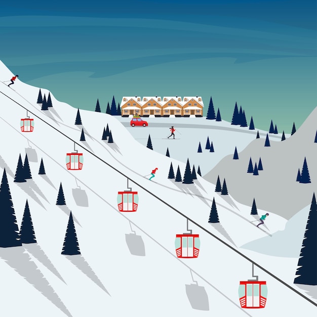 Ski resort snow mountain landscape skiers on slopes ski lifts Winter landscape with ski slope