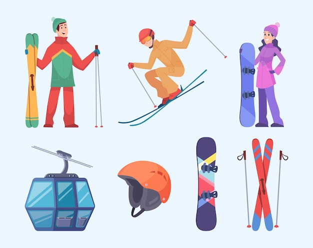 Ski resort Winter ski mountain landscape holiday village for travellers alps trails exact vector flat illustrations set isolated