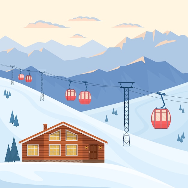 Ski resort with red ski cabin lift on cableway