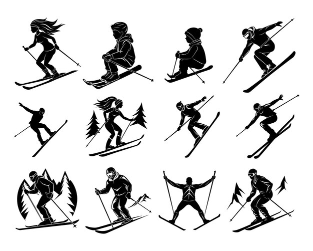 Vector ski silhouette set vector art