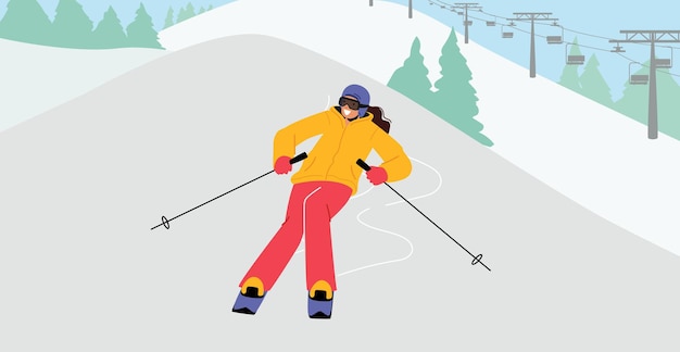 Ski Slalom Winter Sports. Young Woman Wearing Sportive Costume and Helmet Going Downhill by Skis on Nature Background. Outdoors Spare Time, Sport Wintertime Activity. Cartoon Vector Illustration