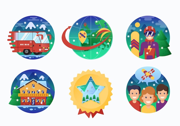 Ski or Snowboard Resort Icons Collection. Circle Banners of Snowboarding Instructor