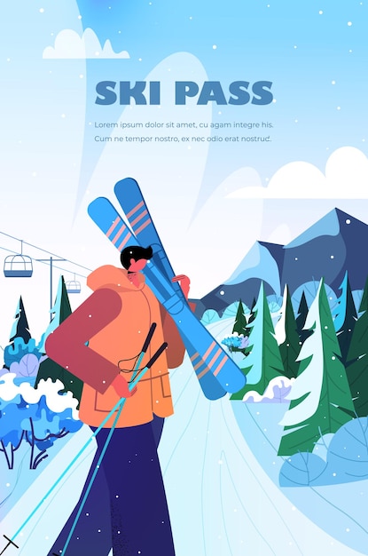 skier man holding skis sportsman skiing doing activities christmas new year holidays celebration winter vacation ski resort concept vertical portrait copy space vector illustration