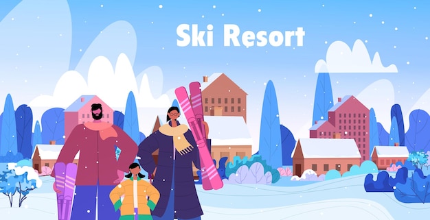 skiers family standing together winter vacation activities christmas new year holidays celebration ski resort concept portrait horizontal vector illustration