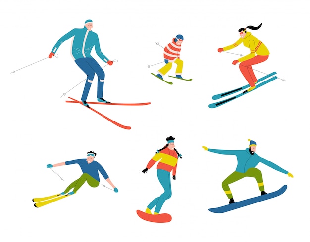 Skiers and snowboarders, doodle people. Funny cartoon men, women and child in the ski resort. Hand drawn flat illustration, isolated on white.