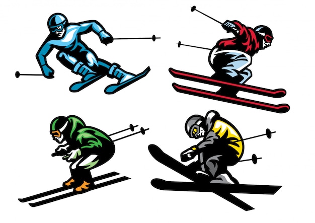 Skiing athletes in set