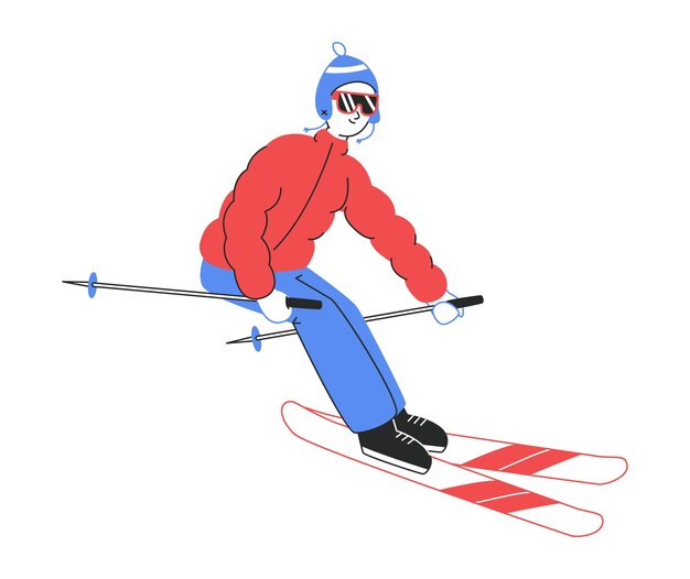 Vector skiing character snow winter sport activity man doing winter outdoor activities flat vector illustration on white background