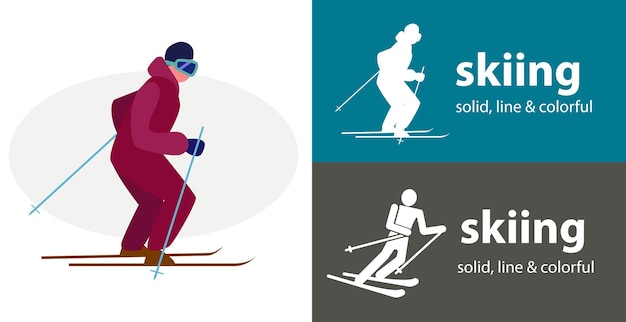 Skiing isolated vector flat icon silhouette line solid design element