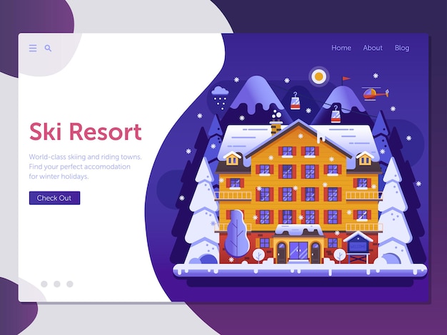 Skiing resort landing page template with ski hotel, funiculars and Alps mountain landscape in flat design. Winter holidays in mountains web banner with snow slopes, vacation villa and funiculars.