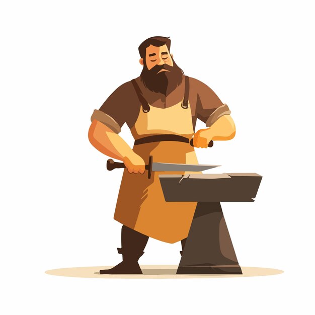 Vector skilled bearded blacksmith forging blade in apron workshop