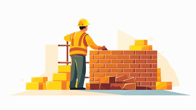 Vector skilled bricklayer constructing wall with bricks