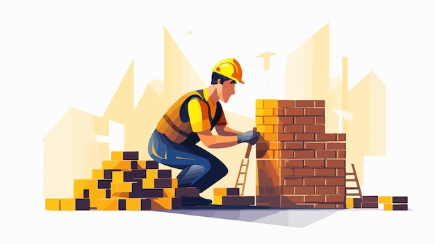 Vector skilled bricklayer constructing wall with bricks