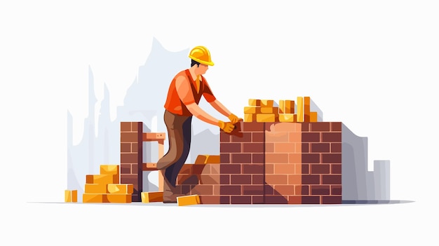 Vector skilled bricklayer professionally building brick wall at workplace