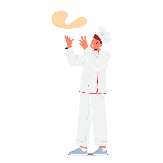 Skilled Chef Character Deftly Tosses Pizza Dough Into The Air Creating Mesmerizing Dance Of Flour And Dough Crafting The Perfect Canvas For A Delicious Masterpiece Cartoon People Vector Illustration