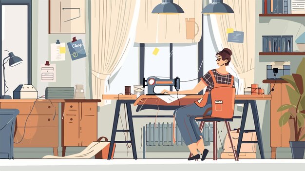 Vector skilled seamstress working at workplace woman sewing clothes for atelier