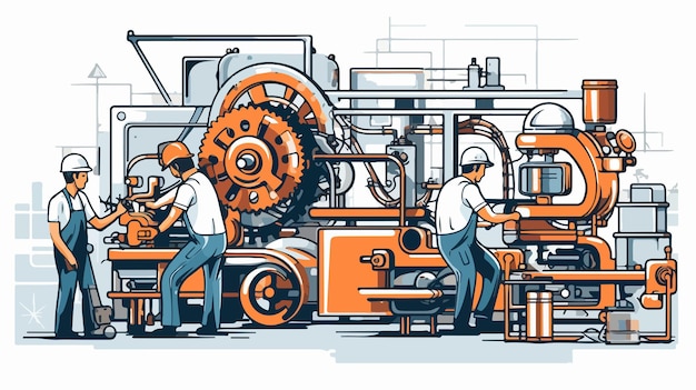 Skilled Workers Operating Industrial Machinery in Factory Hand Drawn Illustration