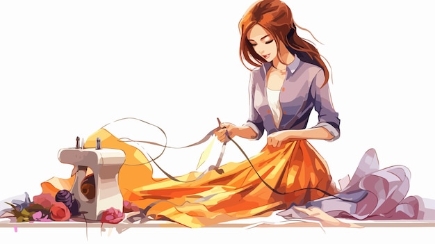 Vector skilled young woman creating constructing and sewing beautiful designs