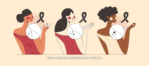 Skin cancer and melanoma awareness month vector illustration Diverse women with birthmark on shoulder dermatology disease body screening oncology problem