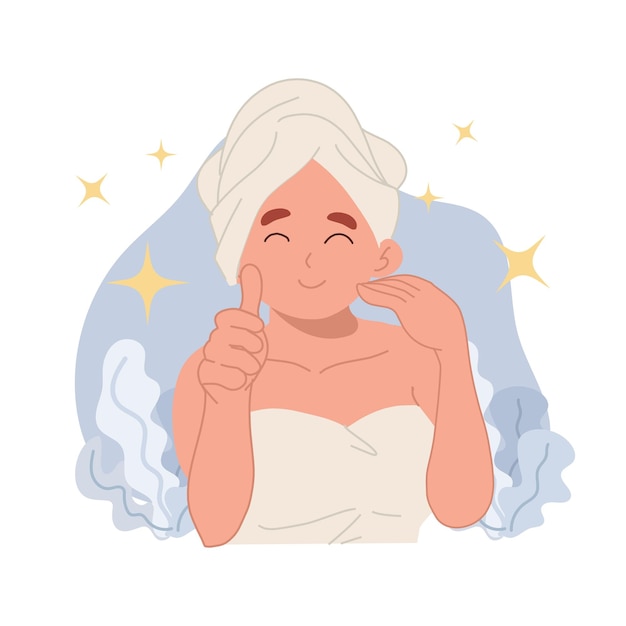 Skin care concepthappy woman with clear face doing thumb up hand good result Flat cartoon character vector illustration