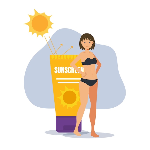 Vector skin care conceptsunscreenhappy smiling woman wearing swimsuit standing near sun protectiveflat vector cartoon character illustration