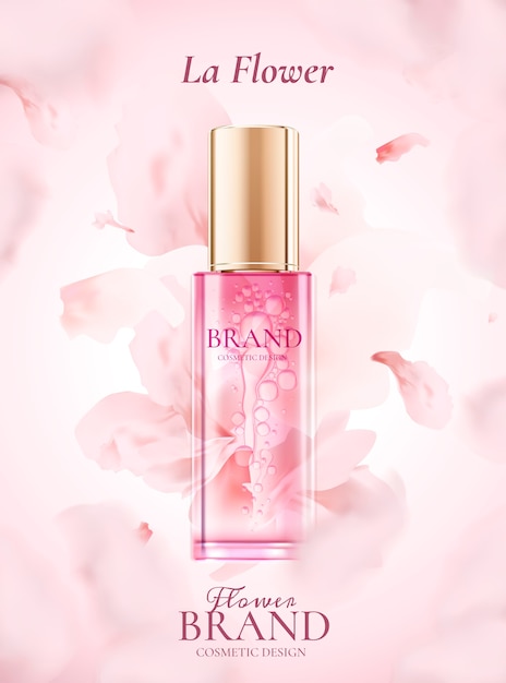 Skin care product ads with flying pink petals