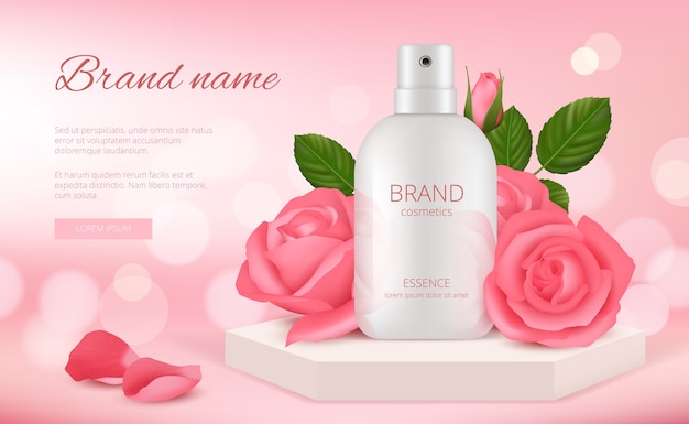 Skin cosmetic. Woman cream or perfume bottle with rose pink flowers and petals beauty romantic decoration realistic template, cosmetic cream care banner