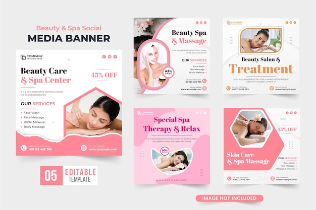 Skincare and massage parlor advertisement web banner collection with pink and dark colors Spa therapy business promotion poster bundle for marketing Beauty care social media post set vector