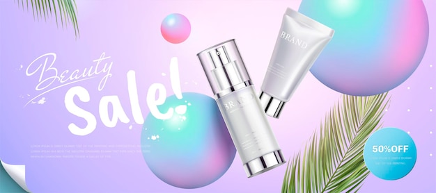 Skincare product banner banner with holographic spheres elements in 3d style