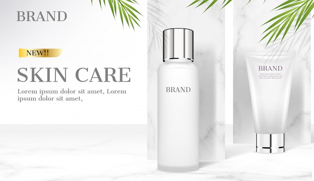 Skincare products on marble background with green coconut leaves