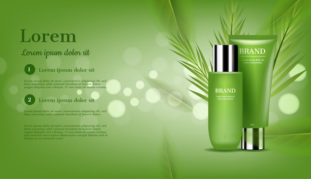 Skincare set with green leaves, and bokeh