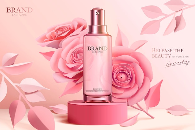 Skincare spray bottle banner with pink paper flowers on column in 3d style