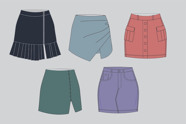 Skirts draw vector, Set of different types of skirts, types of skirts, skirts vector, pleated skirt