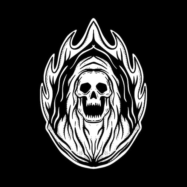 Skull art Illustration hand drawn black and white vector for tattoo, sticker, logo etc