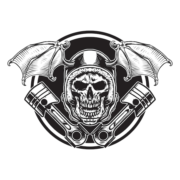 skull and  bat winged helmet with pistons biker illustration