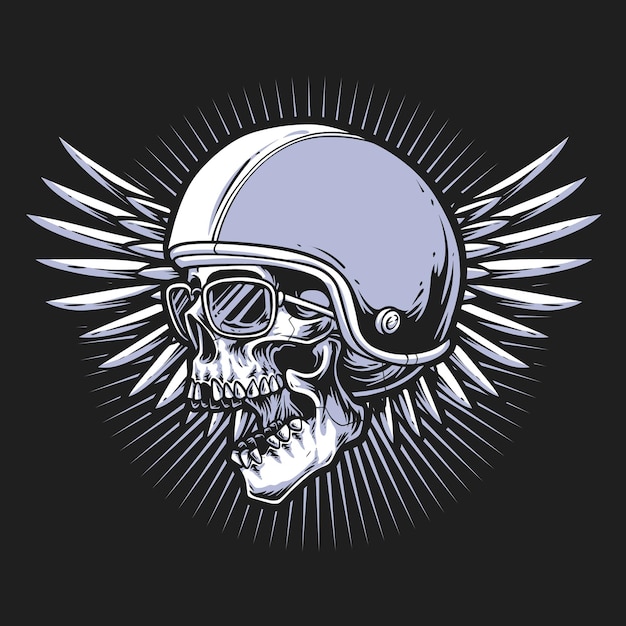 Skull biker head logo wearing retro helmet with wings