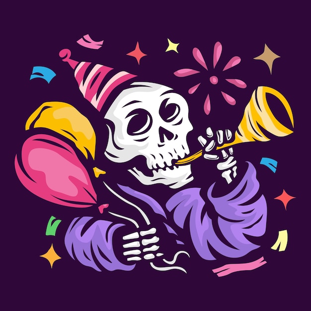 skull blow the trumpet and holding balloon celebrate happy new year