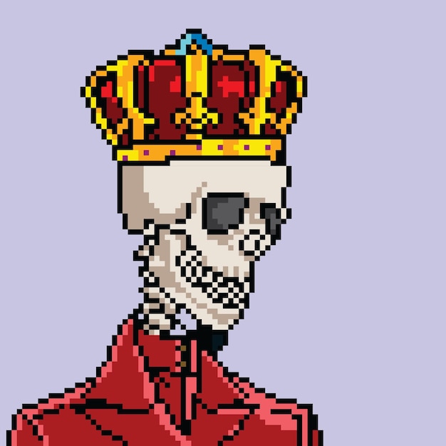 skull character wearing crown with pixel art