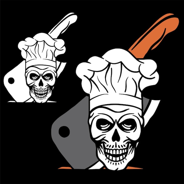 skull chef with knife hand drawing illustration