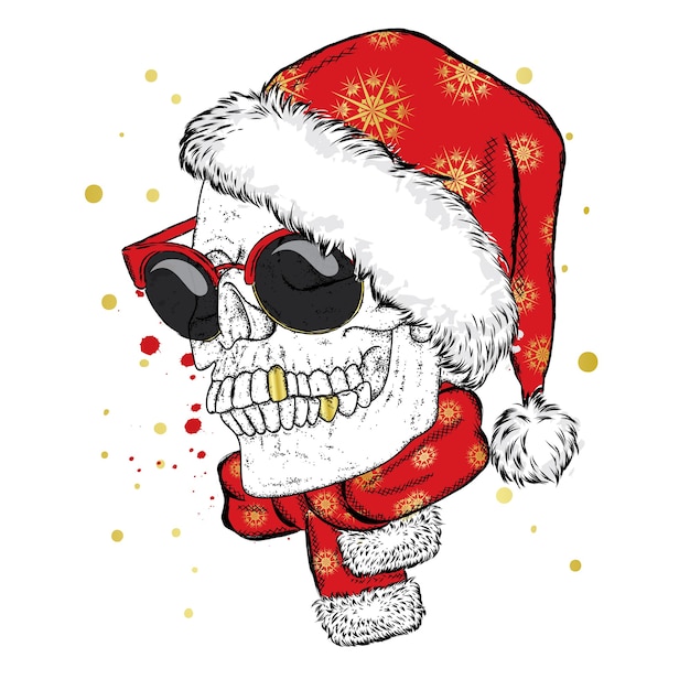 Skull in a Christmas cap. Santa Claus.