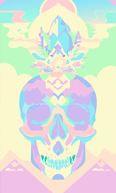 Vector skull combined with authentic patterns let the mountains flowers and the universe be in the