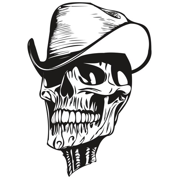 Vector skull cowboy hand drawing skeleton with cowboy hat black and white line art