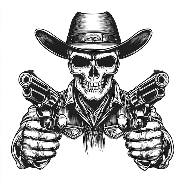 Vector skull in cowboy hat holding two guns