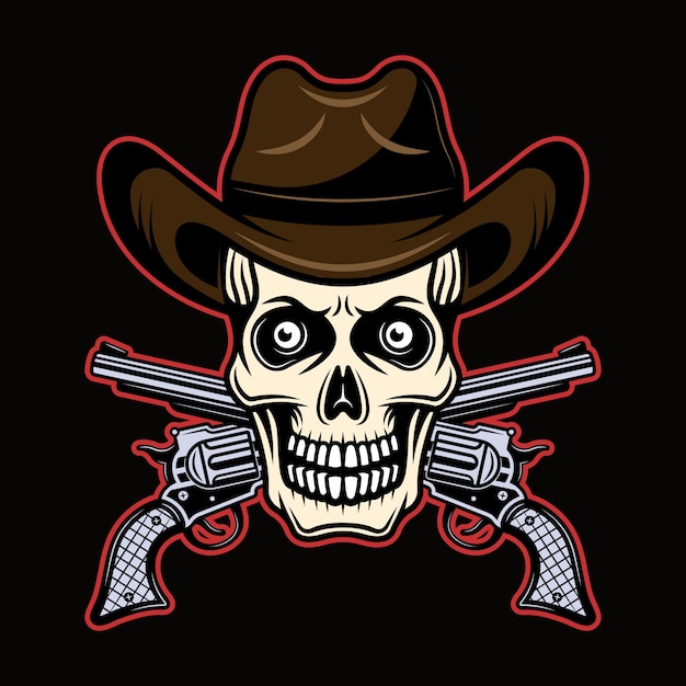 Skull in cowboy hat and two crossed pistols vector illustration in colorful cartoon style isolated on dark background