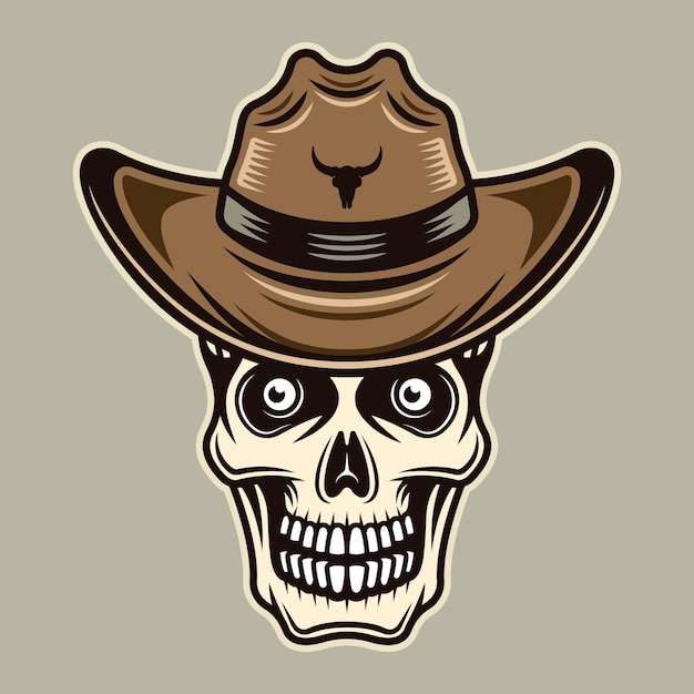 Skull in cowboy hat vector illustration in colorful cartoon style isolated on dark background