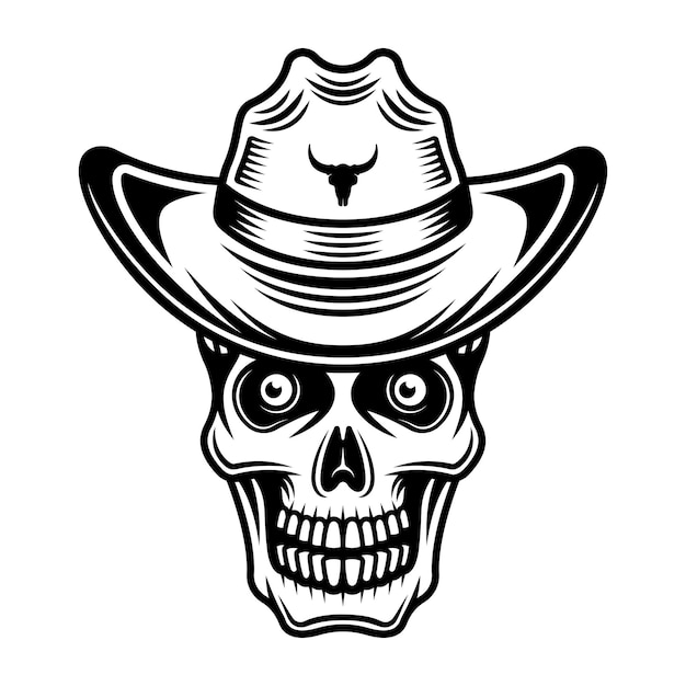 Skull in cowboy hat vector illustration in monochrome vintage style isolated on white background