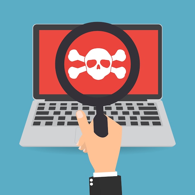 Skull crossbones logo on laptop network security concept.