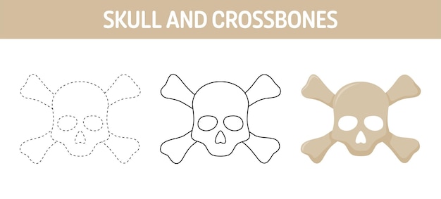 Skull And Crossbones tracing and coloring worksheet for kids